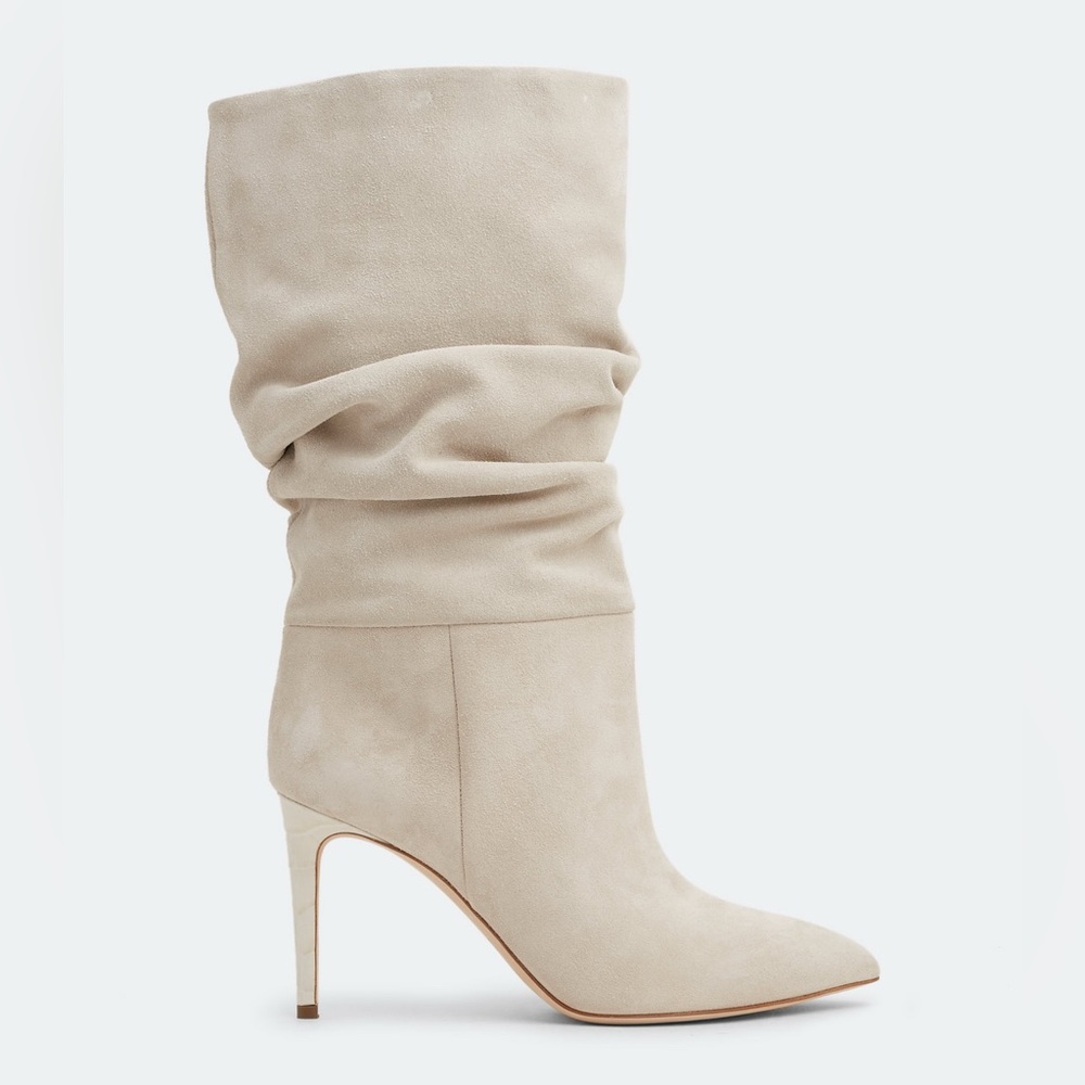 PARIS TEXAS Calf Suede Slouchy Boots 85 Marmo Ivory Beige Ruched Pointy $770 HTF